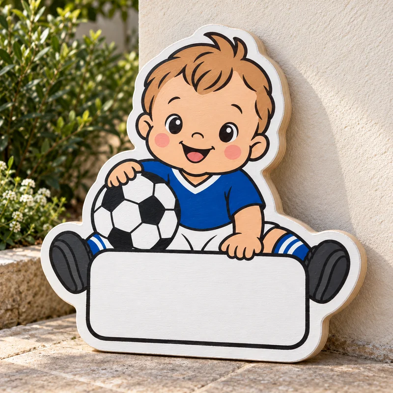Illustration einer ausgesägten und bemalten Holz-Geburtstafel: Fussballbaby mit weissem Rand und leerem Namensschild.
