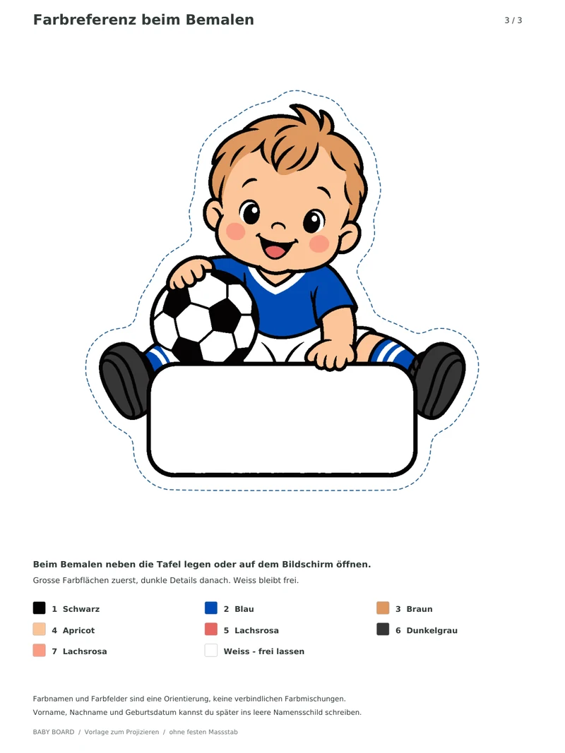 Beispiel der Farbreferenz: Fussballbaby mit leerem Namensfeld und gestrichelter Aussenlinie.