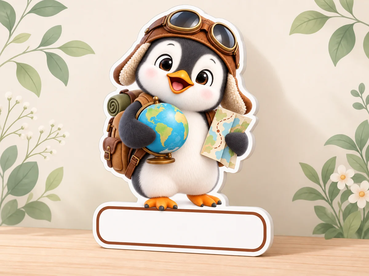 Geburtstafel mit Pinguinbaby als Entdecker, Globus, Landkarte und leerem weissem Namensfeld vor einer cremefarbenen Wand mit Blättern.