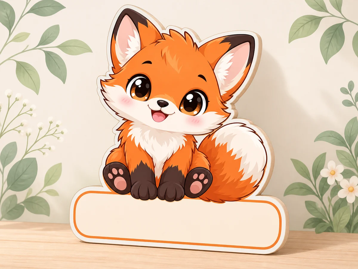 Geburtstafel mit sitzendem orangefarbenem Babyfuchs, cremeweissen Wangen, buschigem Schwanz und leerem Namensfeld vor einem hellen Hintergrund mit Blättern.