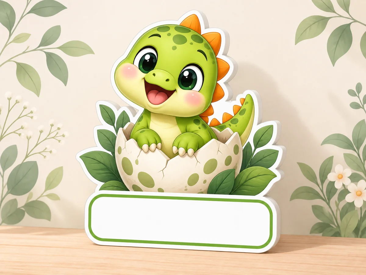 Geburtstafel mit grünem Dinosaurierbaby in einer Eierschale, breiten Blättern und leerem weissem Namensfeld vor einer cremefarbenen Wand.