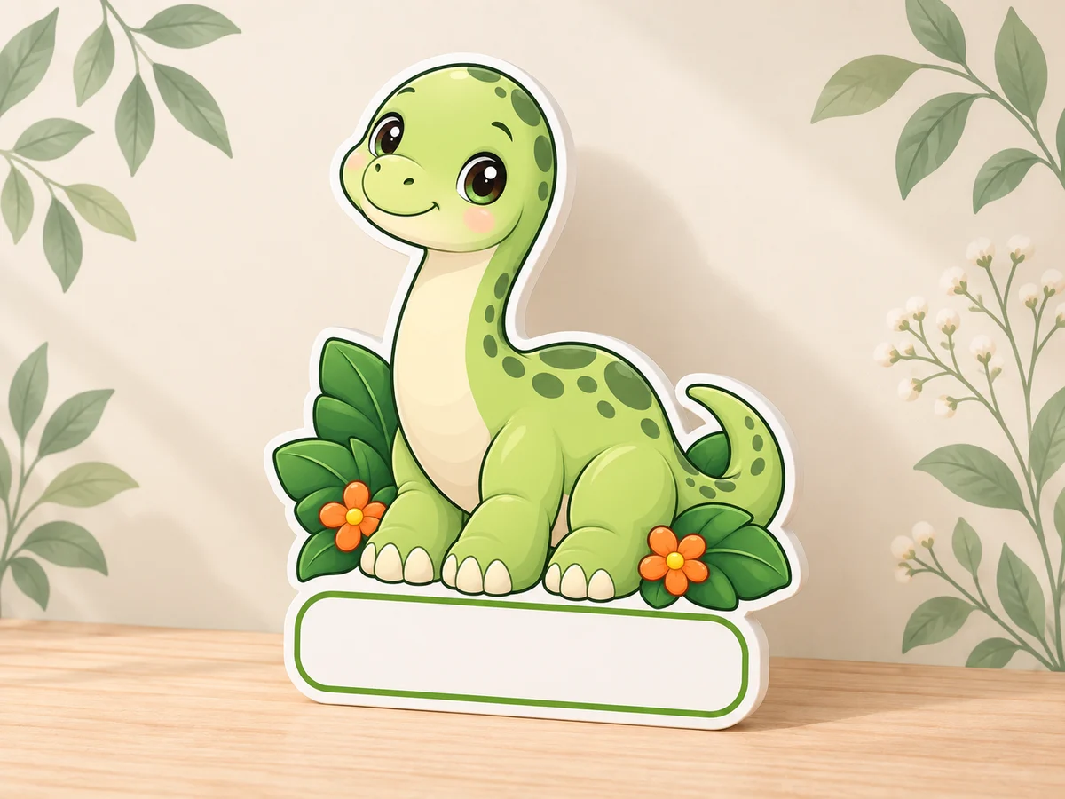Geburtstafel mit hellgrünem Langhals-Dinosaurier, grünen Blättern, orangefarbenen Blüten und leerem weissem Namensfeld vor einer cremefarbenen Wand.