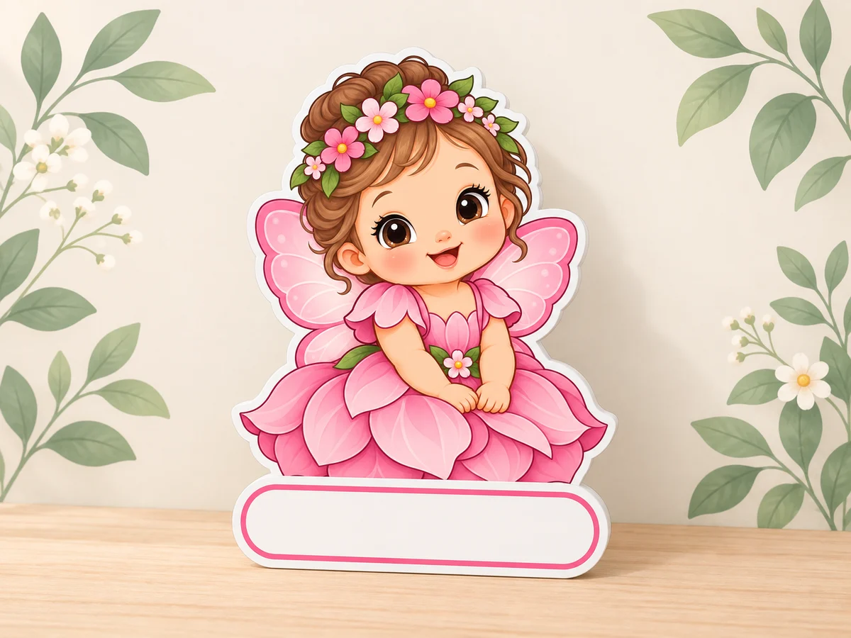 Geburtstafel mit sitzendem Blumenfeenbaby, rosa Blütenkleid, Flügeln und leerem weissem Namensfeld vor einer cremefarbenen Wand mit Blättern.