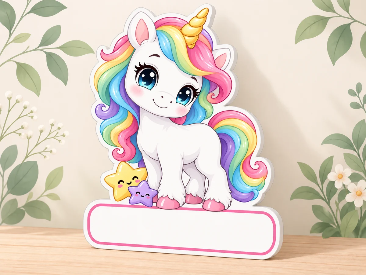 Geburtstafel mit weissem Einhorn, bunter Regenbogenmähne, zwei Sternen und leerem weissem Namensfeld vor einer cremefarbenen Wand mit Blättern.