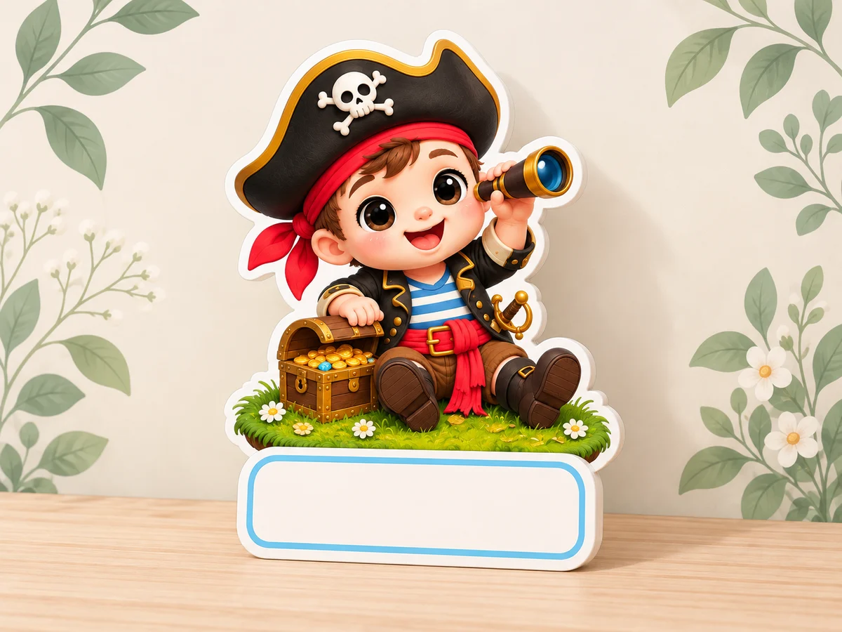 Geburtstafel mit sitzendem Piratenbaby, Fernrohr, Schatztruhe und leerem weissem Namensfeld vor einer cremefarbenen Wand mit Blättern.
