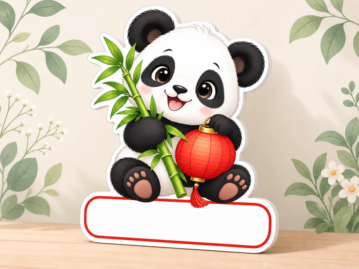 Geburtstafel mit sitzendem Pandababy, grünem Bambus, roter Laterne und leerem weissem Namensfeld vor einer cremefarbenen Wand mit Blättern.