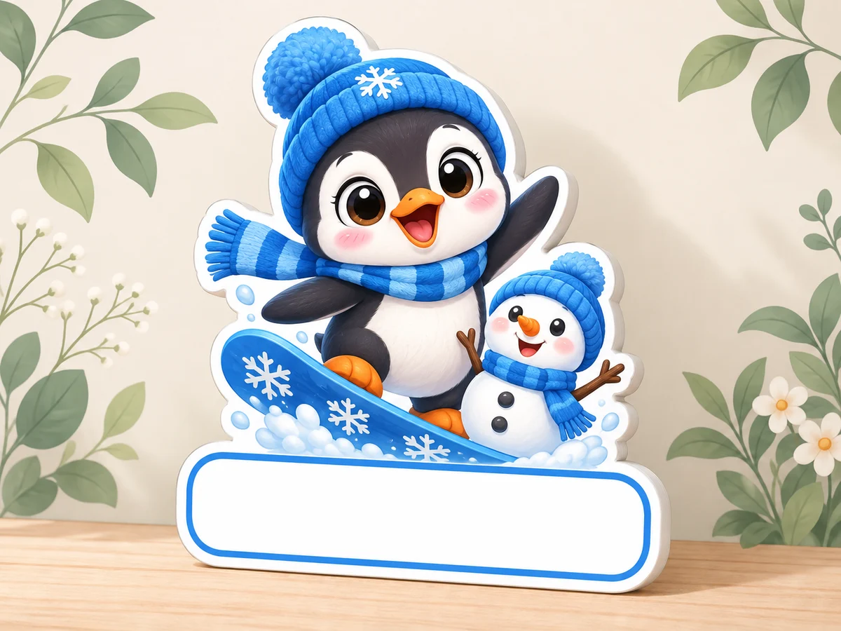Geburtstafel mit Pinguinbaby, blauem Snowboard, kleinem Schneemann und leerem weissem Namensfeld vor einer cremefarbenen Wand mit Blättern.