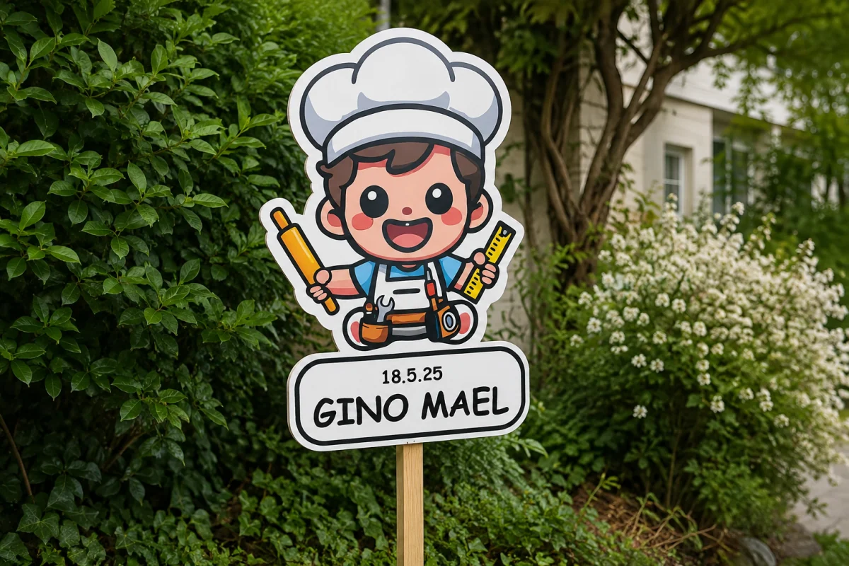 Gedruckte Geburtstafel Gino Mael an einem Holzpfosten im Garten