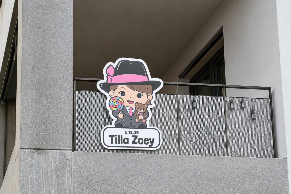 Gedruckte Geburtstafel Tilla Zoey an einem Balkongeländer