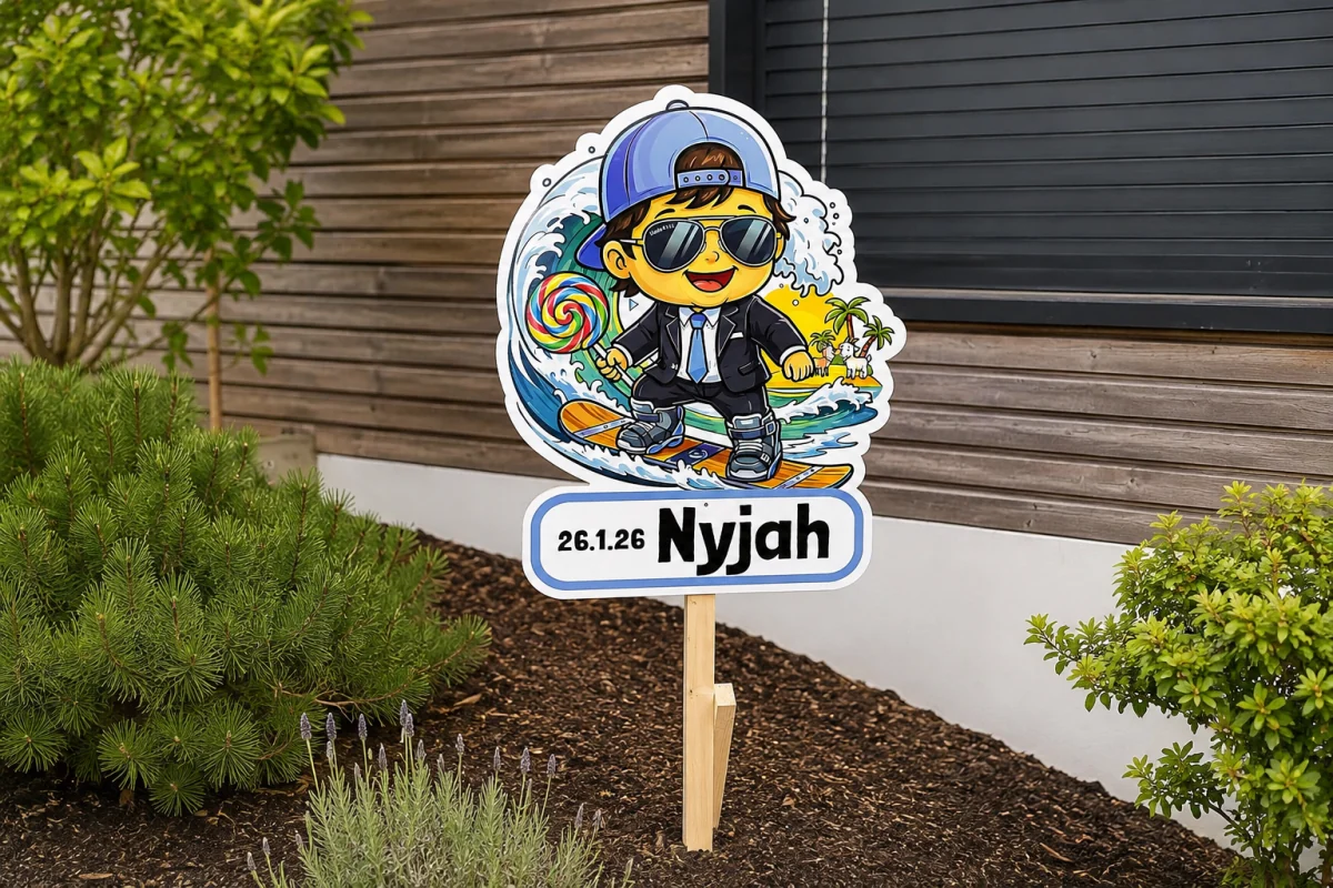Gedruckte Geburtstafel Nyjah an einem Holzpfosten vor einem Haus