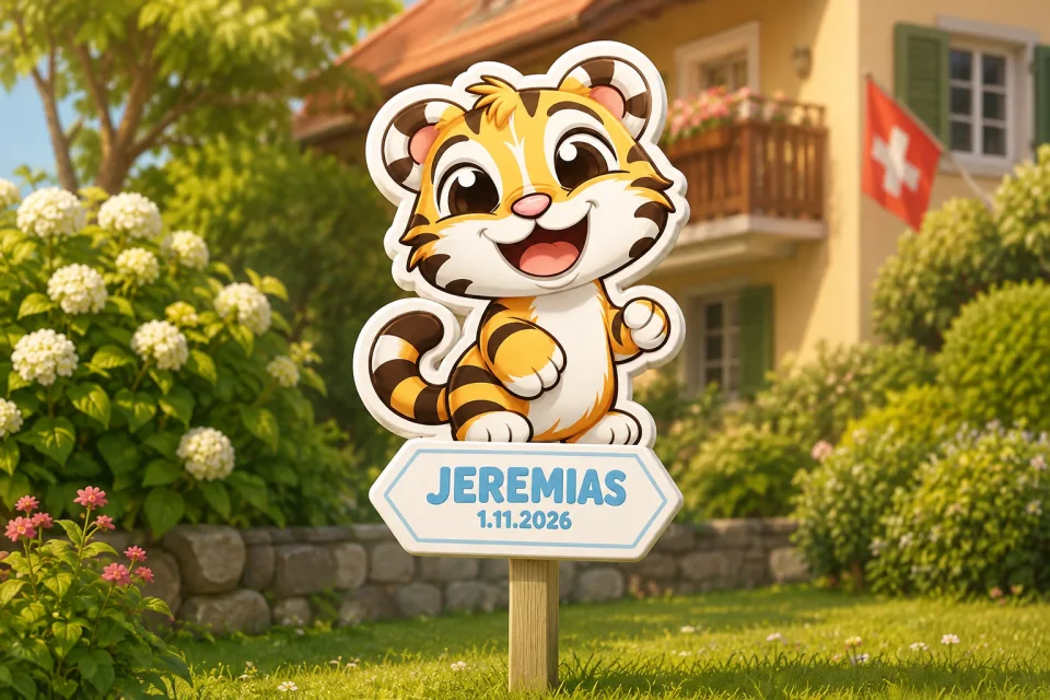 Fertige Tiger-Geburtstafel an einem schmalen Holzpfosten im Garten